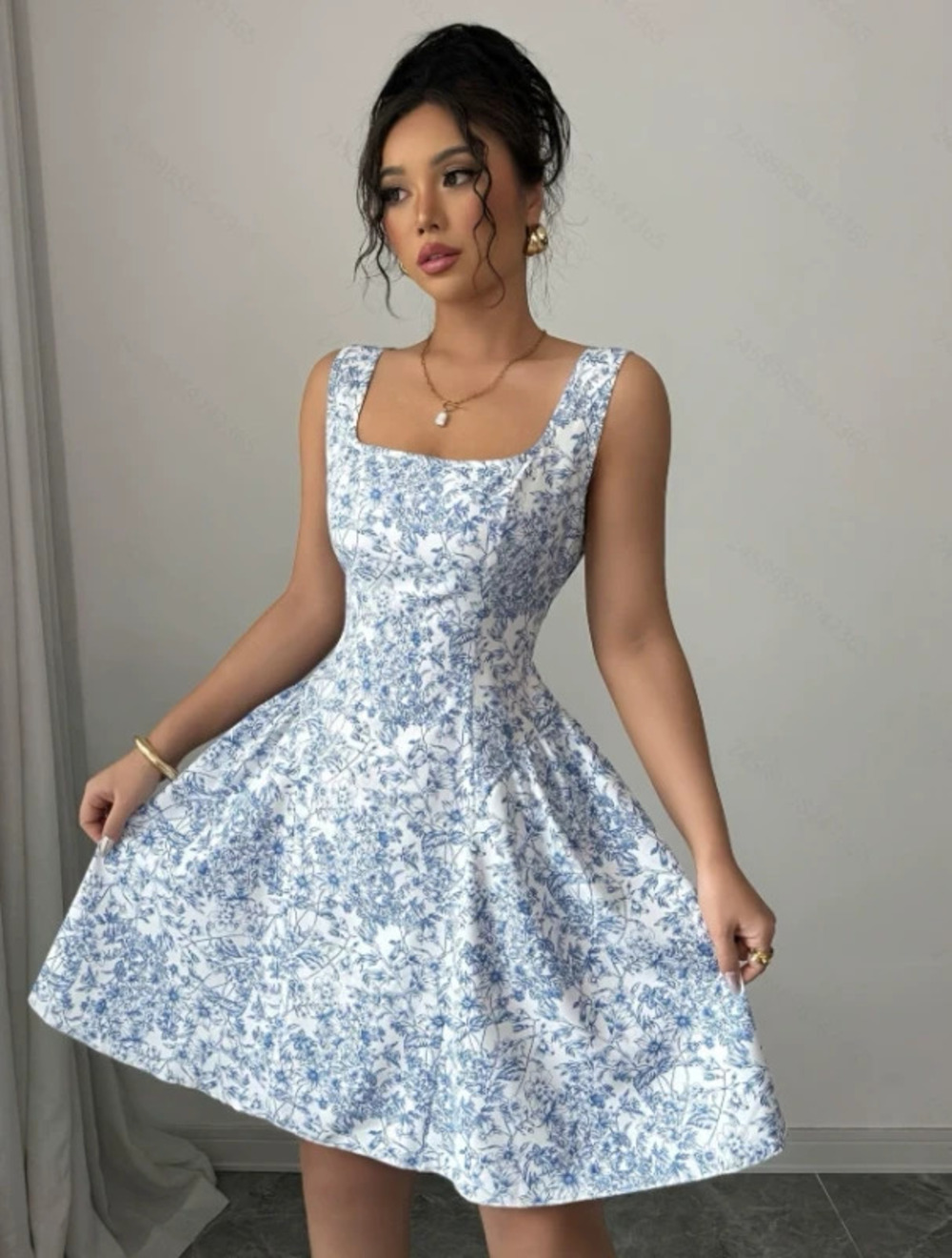 Women Elegant Boho Floral Bow Tie Backless Square Neck Dress